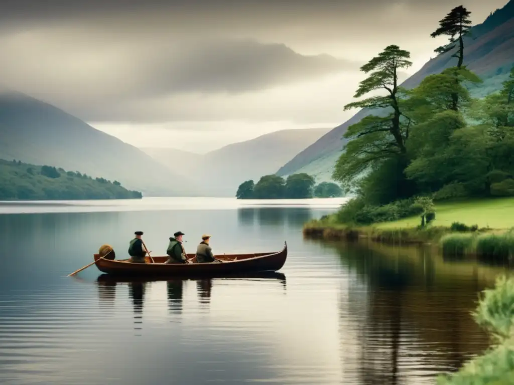 Paisaje místico del Lago Ness, Escocia, con exploradores y el Monstruo del Lago Ness