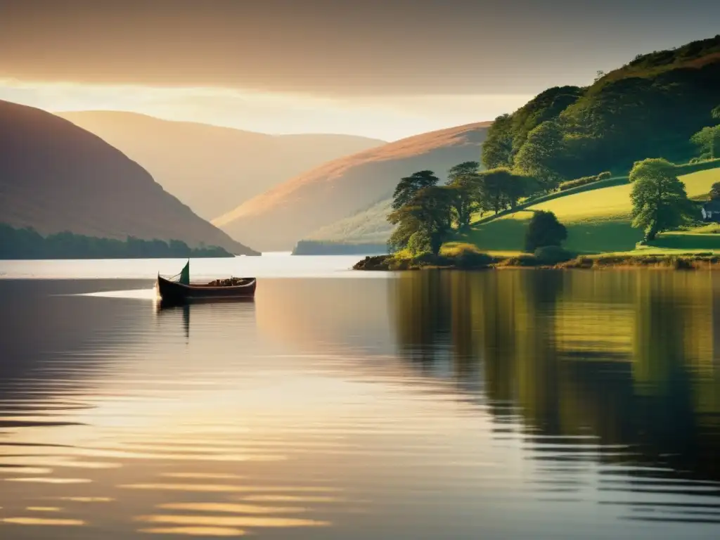 Paisaje misterioso del Lago Ness, con el Monstruo del Lago Ness y su leyenda en un atardecer de ensueño