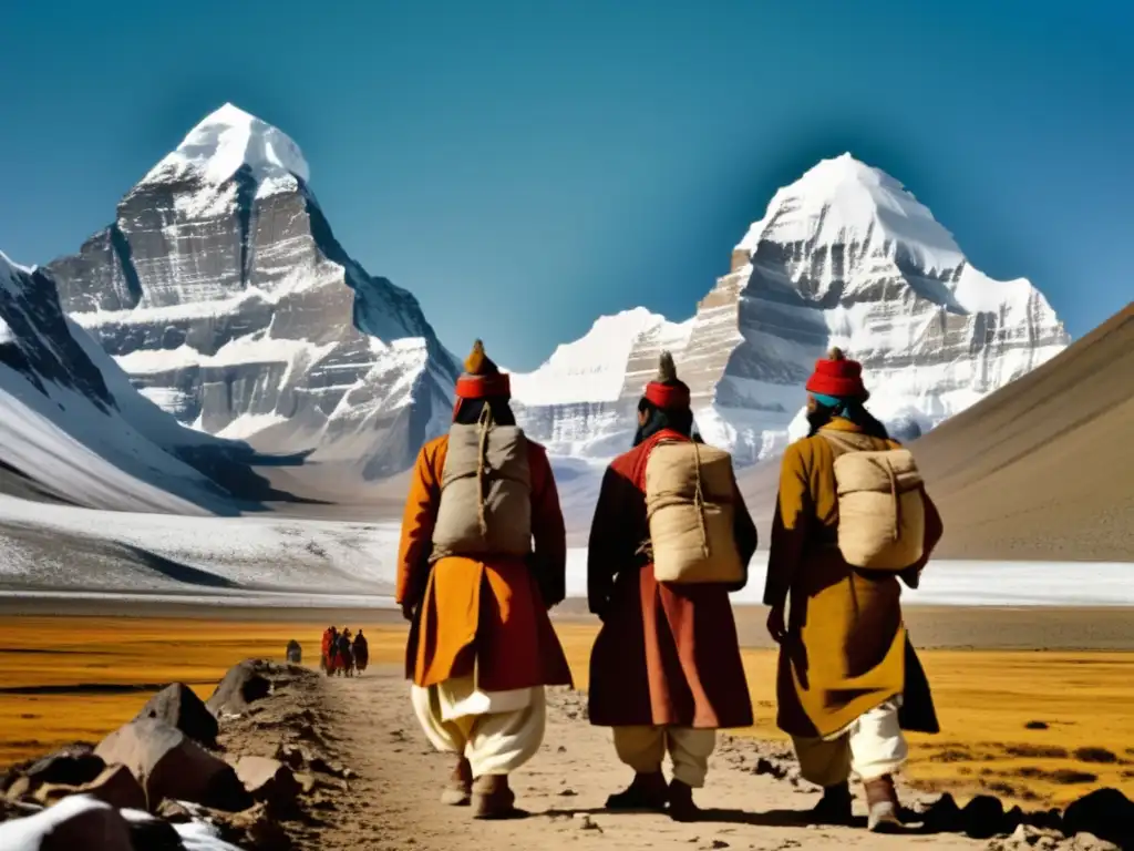 Descubrimiento histórico del Monte Kailash: exploradores asombrados por majestuosa montaña y ruinas antiguas (110 caracteres)