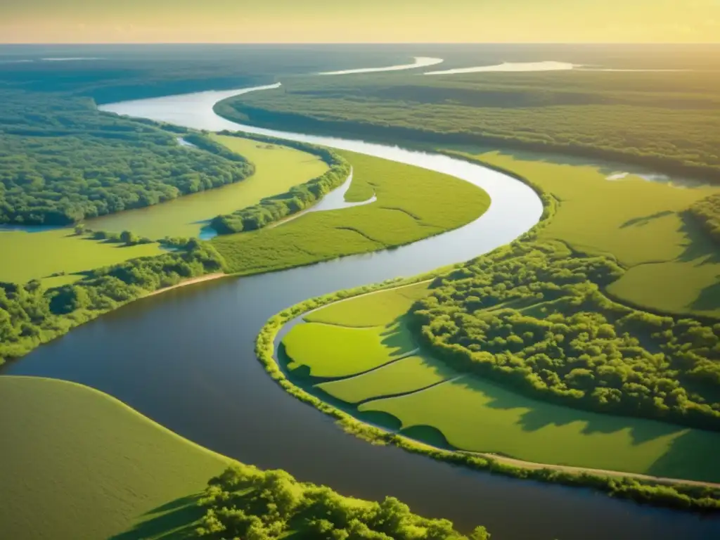 Antigua vista aérea del río Mississippi y montículos de Mississippi en un paisaje verde misterioso -