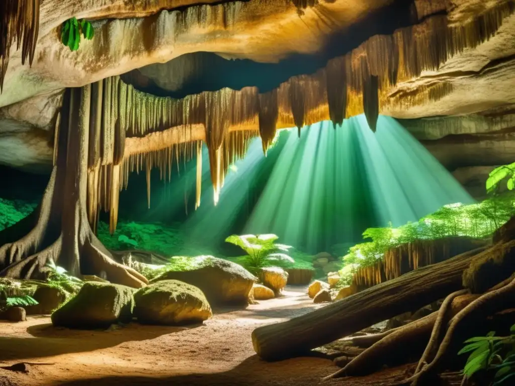 Entrada misteriosa a Mammoth Cave, con vegetación exuberante y raíces antiguas en las paredes rocosas