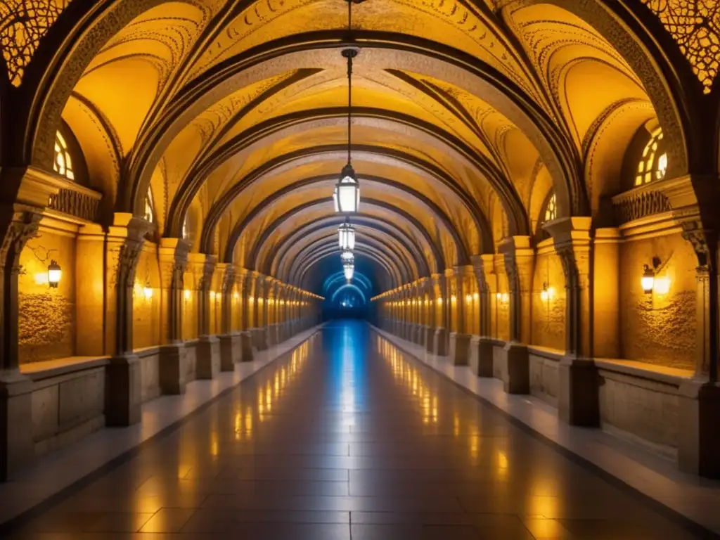 Ciudad subterránea de Budapest: vista impresionante de túneles, cámaras, luces doradas, arquitectura gótica y Art Nouveau, historia rica