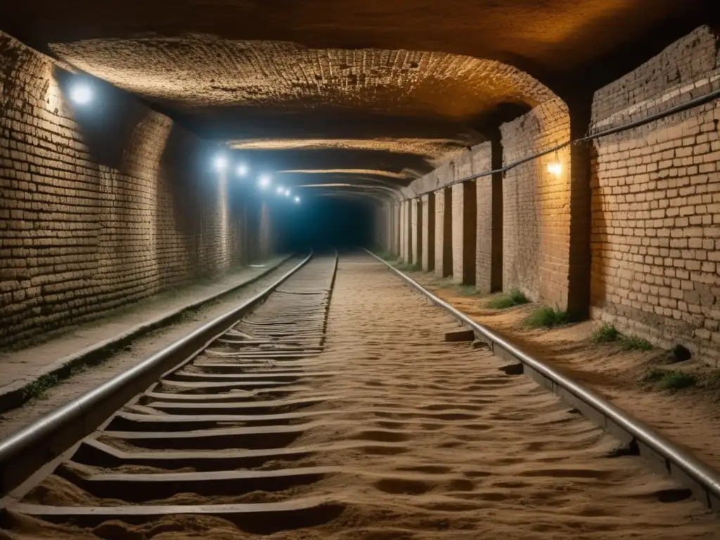 Ciudad subterránea de Bucarest: túnel misterioso con paredes de ladrillo y luz de linterna antigua