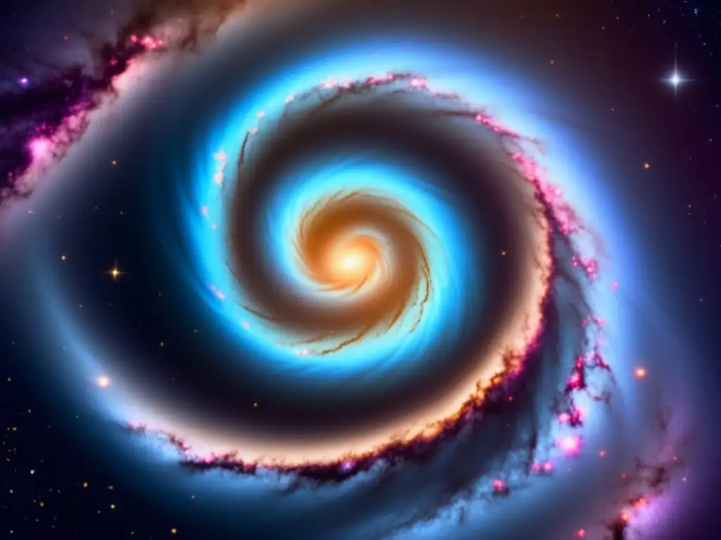 Imagen del universo oscuro con galaxia espiral y paisaje cósmico