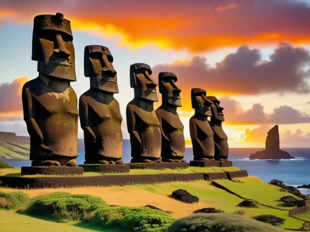 Estatuas moai de la civilización Rapa Nui en una vibrante puesta de sol