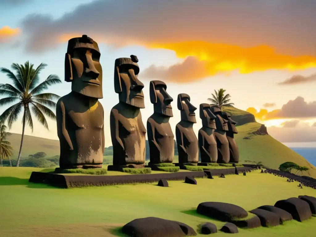 Moais en la puesta de sol dorada - Civilización Rapa Nui