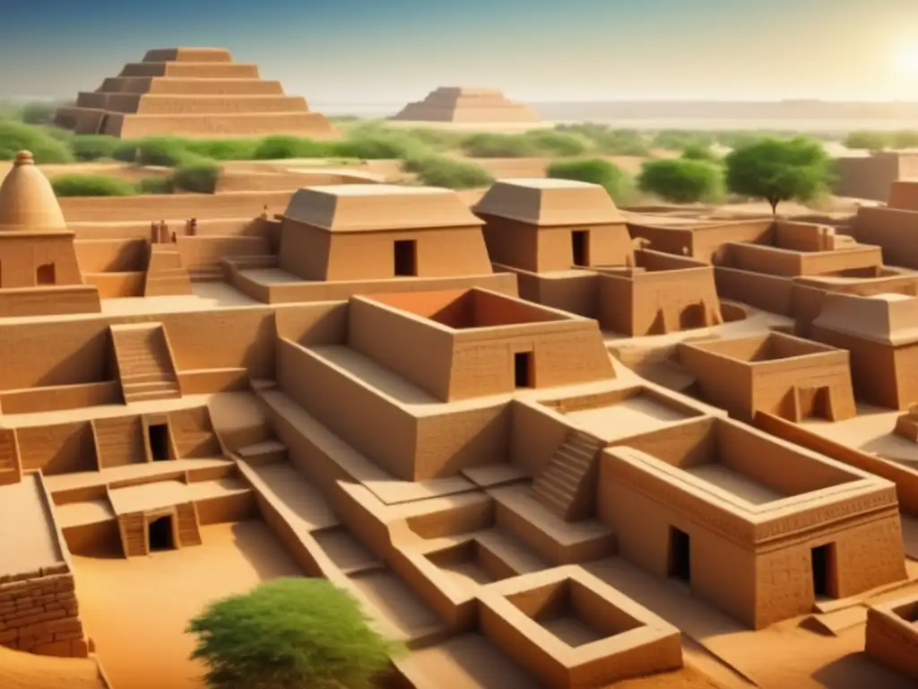 Imagen detallada en 8k de la antigua ciudad de MohenjoDaro, con vida diaria, arquitectura y naturaleza