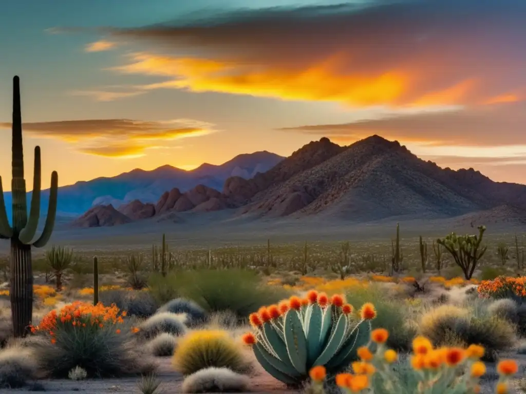 Paisaje vintage del Desierto de Mojave al atardecer con flores silvestres, cactus y colores pastel