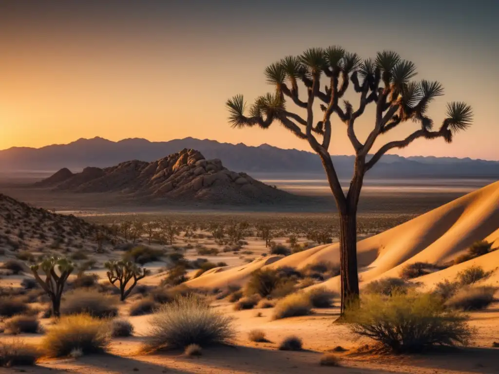 Desierto de Mojave al atardecer: vasta extensión árida, Joshua tree solitario, montañas majestuosas