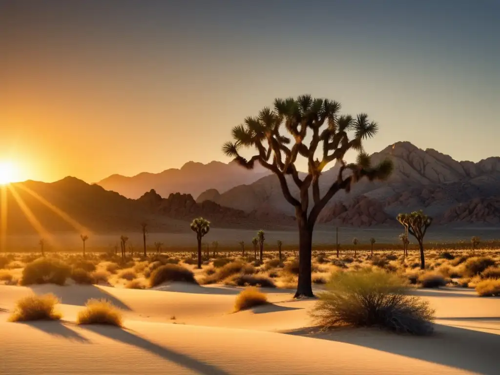 Paisaje impresionante del Desierto de Mojave al atardecer, con dunas de arena y montañas en el horizonte