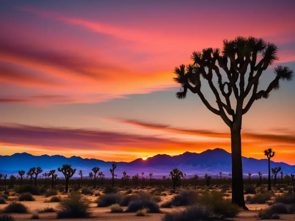 Desierto de Mojave al atardecer: Joshua trees, paisaje infinito, coyote y aventura