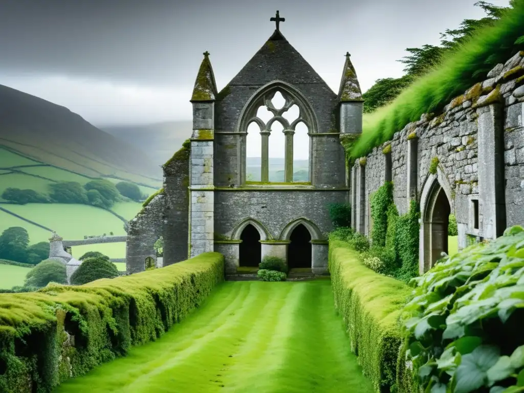 Viaje de San Patricio: antiguo monasterio de piedra en colinas verdes de Irlanda, con historia espiritual y encanto místico