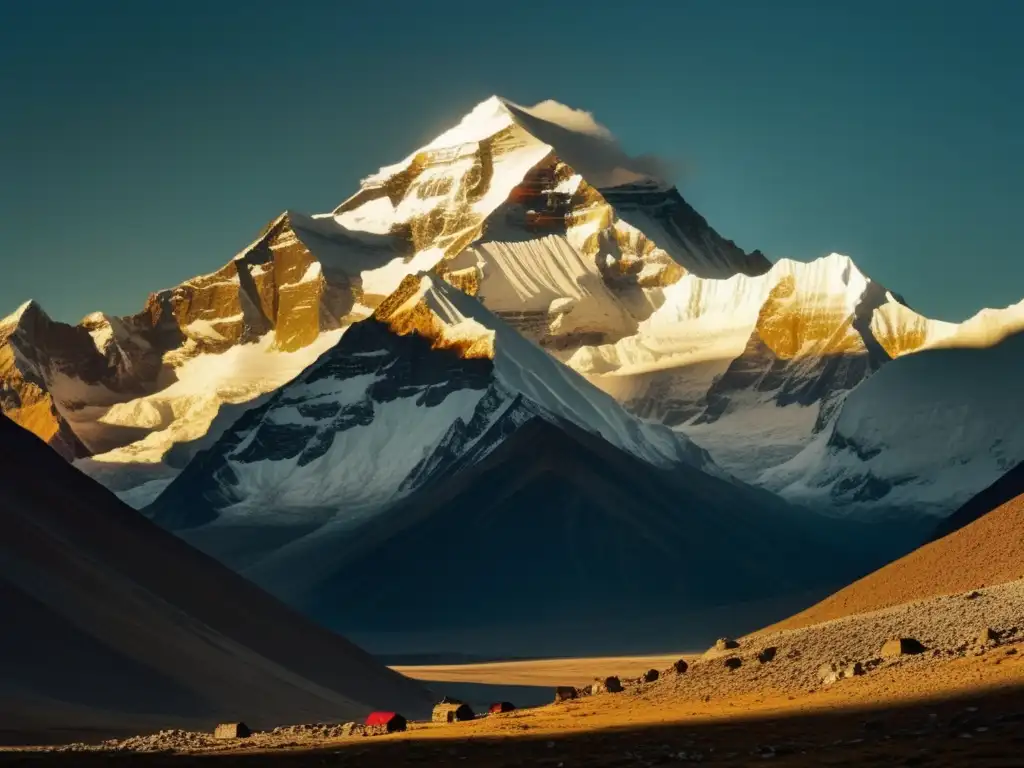 Majestuosa cumbre de Cho Oyu en paisaje tibetano, con alpinistas desafiantes y tonos nostálgicos