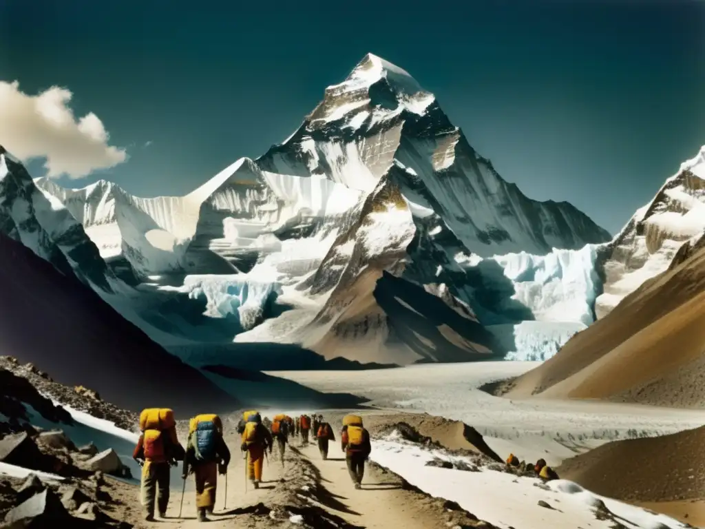 Fotografía vintage de la majestuosidad del Everest, el pico más alto del mundo, con montañistas en expedición