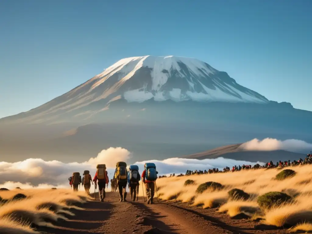 Conquista del Kilimanjaro al amanecer: majestuosa montaña, cielo azul y nubes, montañistas vintage desafiando el terreno rocoso