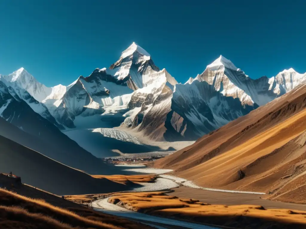 Descubrimientos geológicos en los Himalayas: foto vintage de montañas majestuosas, picos nevados y un valle escondido