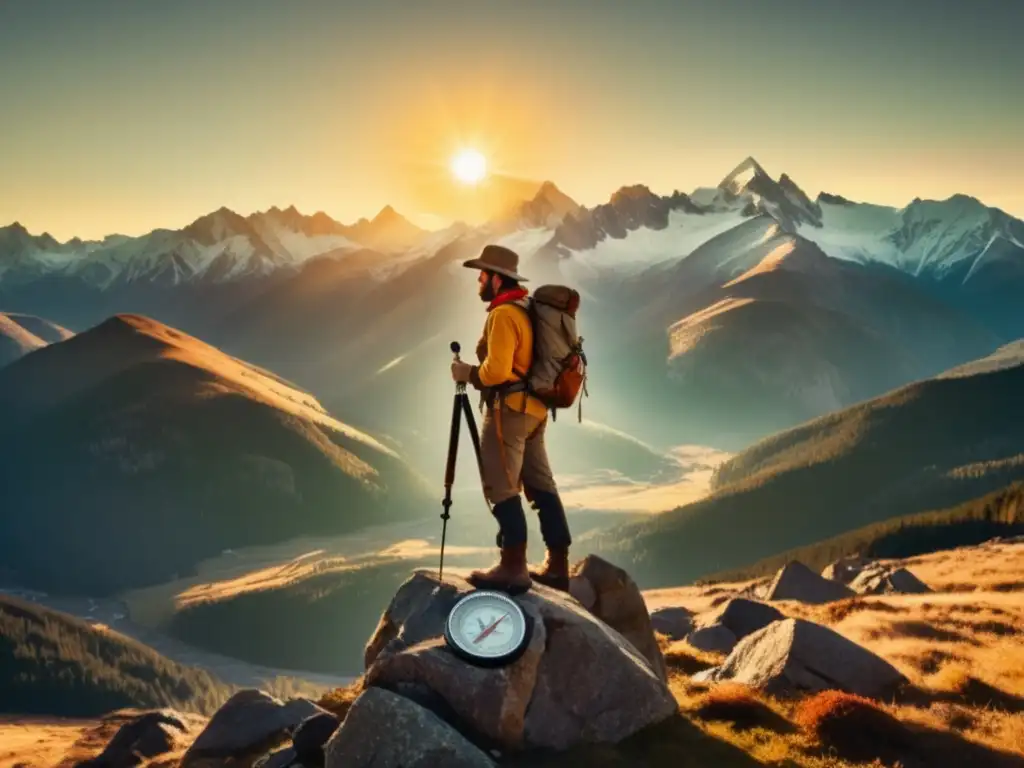 Montañero en pico rocoso con mapas y brújula, en tonos vintage y puesta de sol