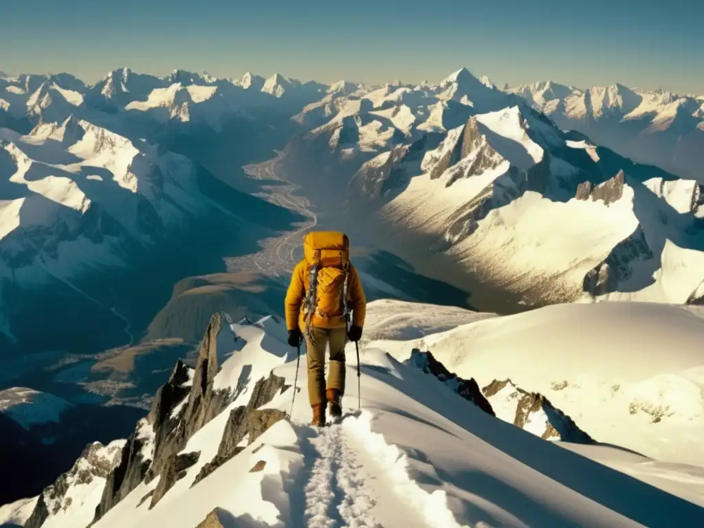 Aislamiento y soledad: Desafíos psicológicos en expediciones, montañero solitario en paisaje ícono de nieve y majestuosas cumbres