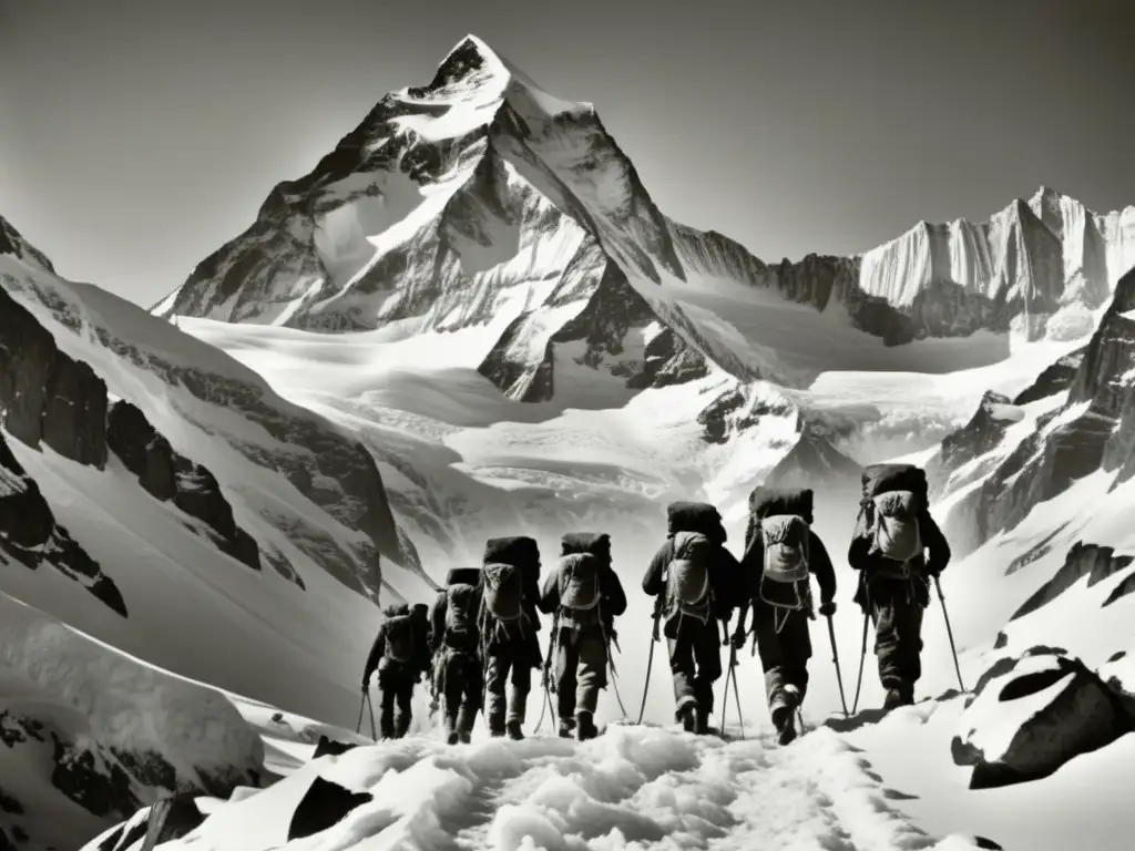 Grupo de montañistas en su primera ascensión a una majestuosa montaña nevada, evocando la conquista del Everest