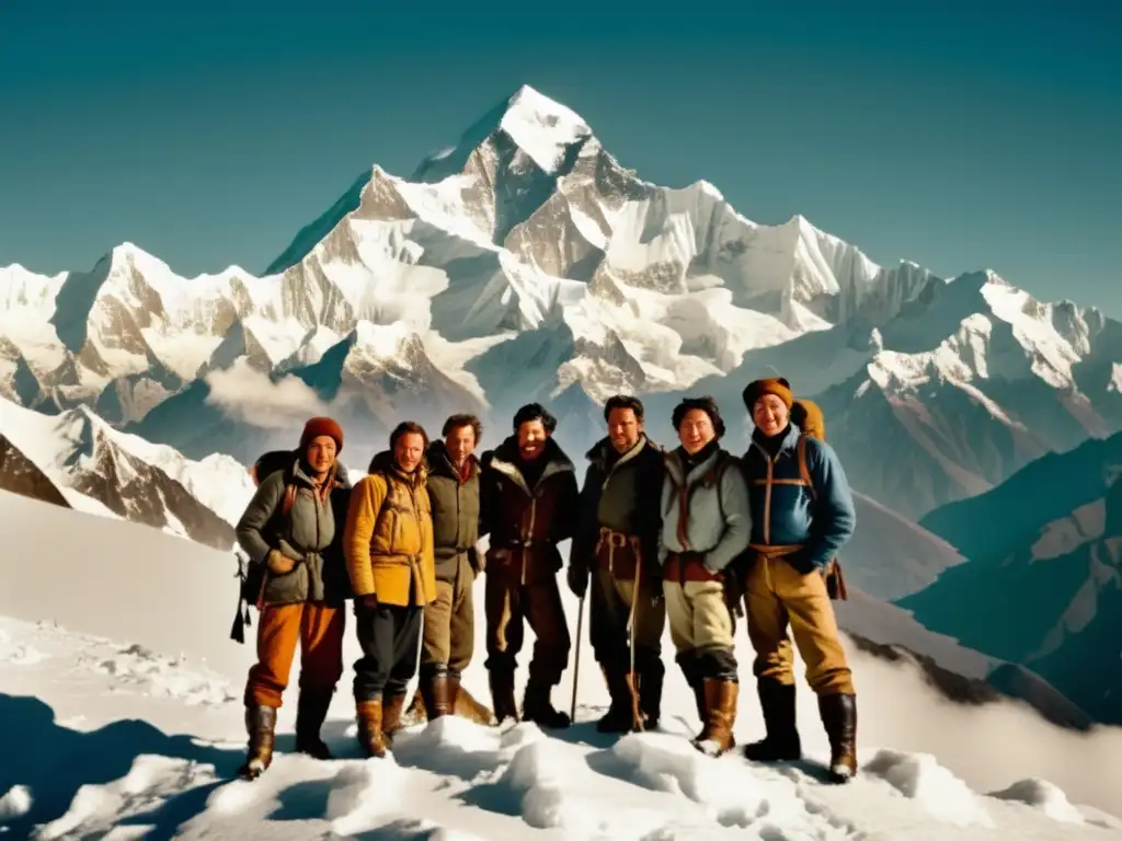 Grupo de montañistas en la cumbre nevada del Kangchenjunga, con equipamiento clásico y expresiones de agotamiento y emoción