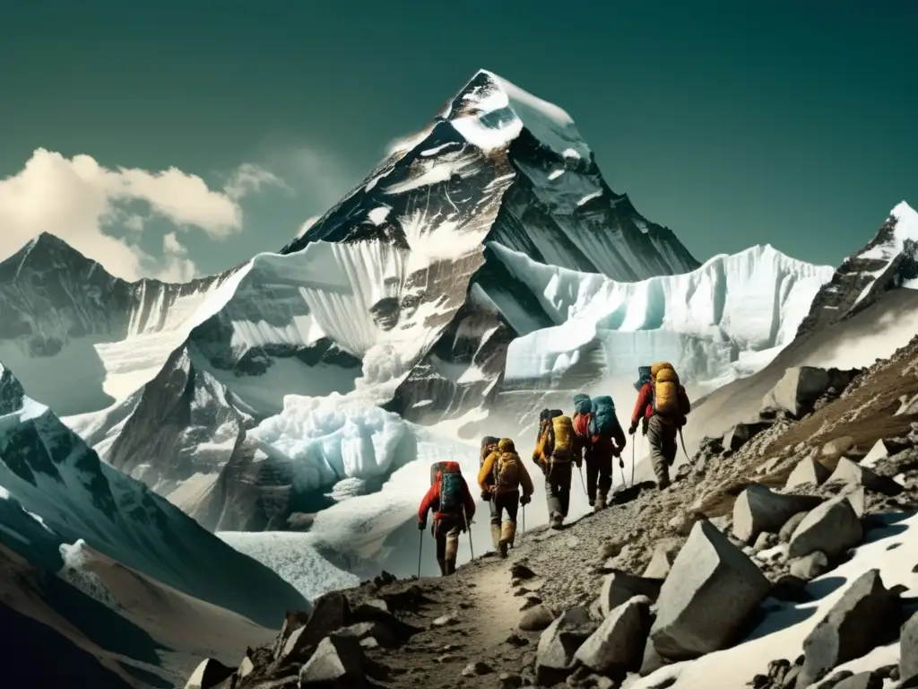 Grupo de montañistas escalando el majestuoso Monte Everest, evocando la supervivencia en altitudes extremas