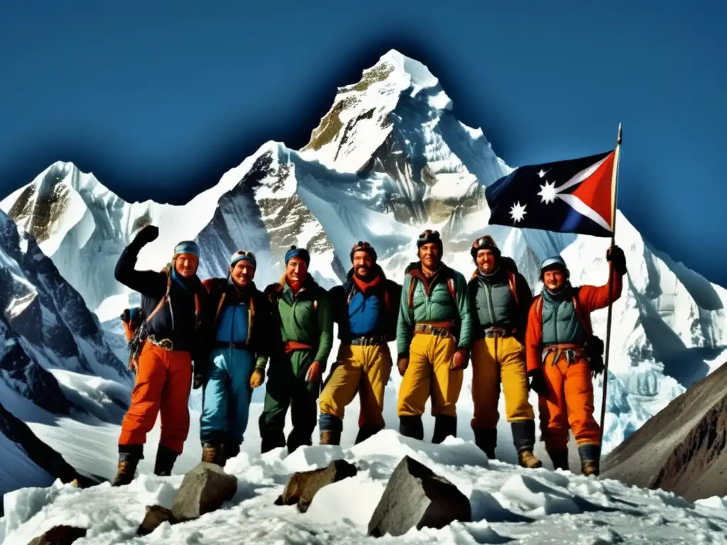 Expediciones a la cima del mundo: El K2 y sus conquistadores - Monte Everest, alpinistas victoriosos en cumbre nevada