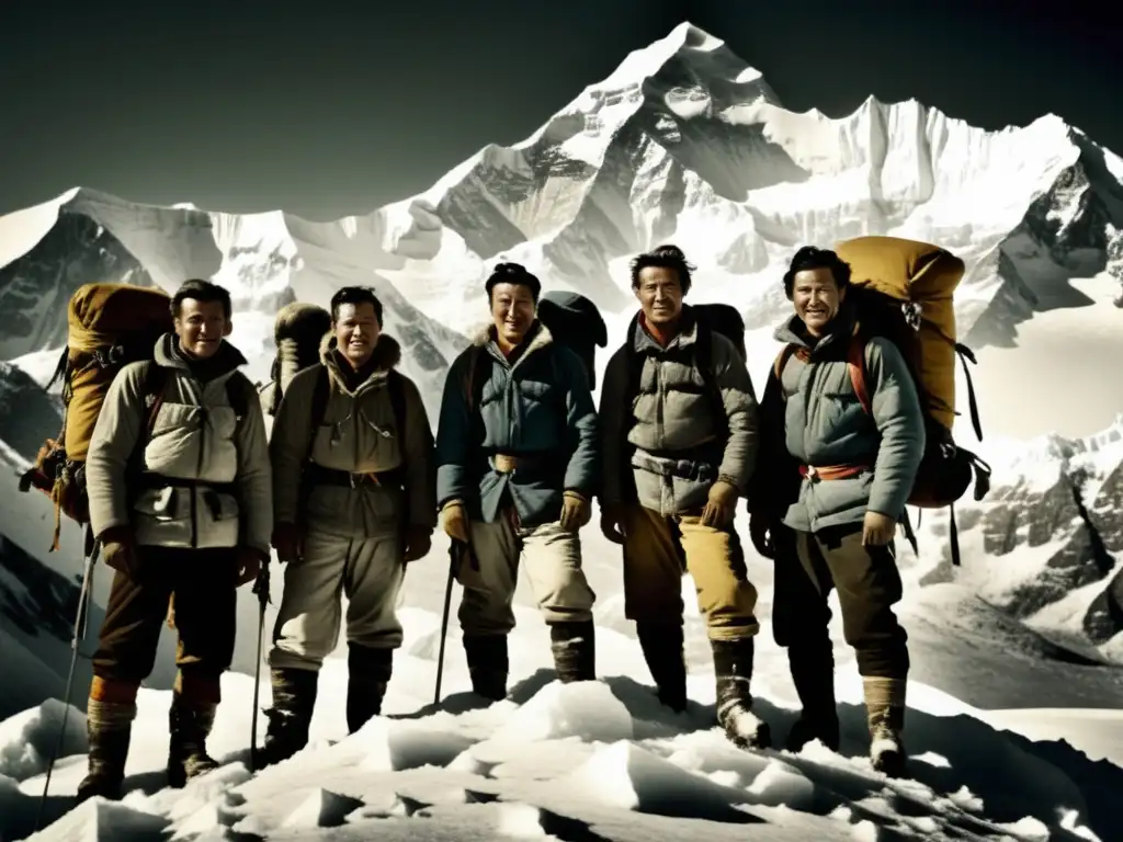 Grupo de alpinistas en la cima nevada de Cho Oyu, con estética vintage