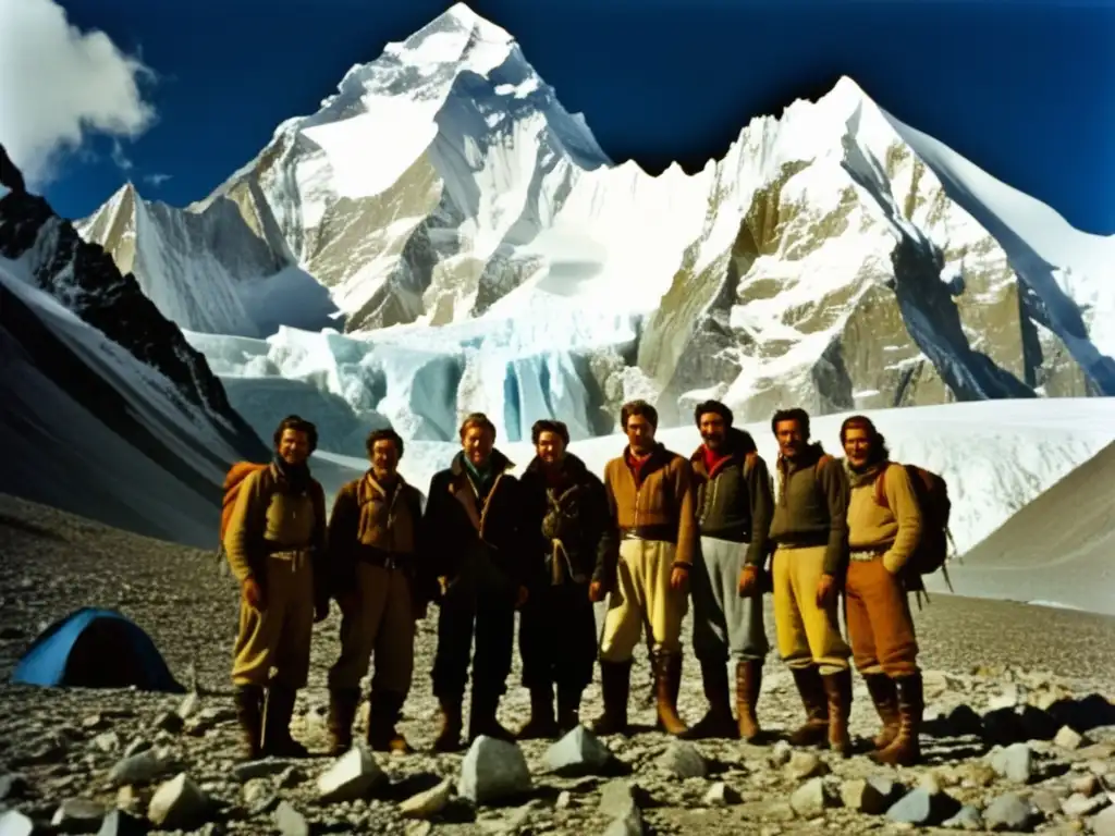 Ascenso a la montaña Gasherbrum I: grupo de montañistas vintage con determinación y paisaje imponente