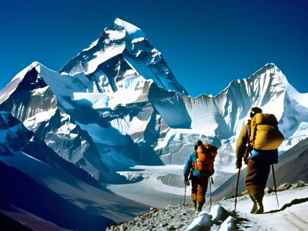 Expedición al Everest: Majestuosa imagen vintage del Monte Everest con su pico nevado brillando bajo el cielo azul