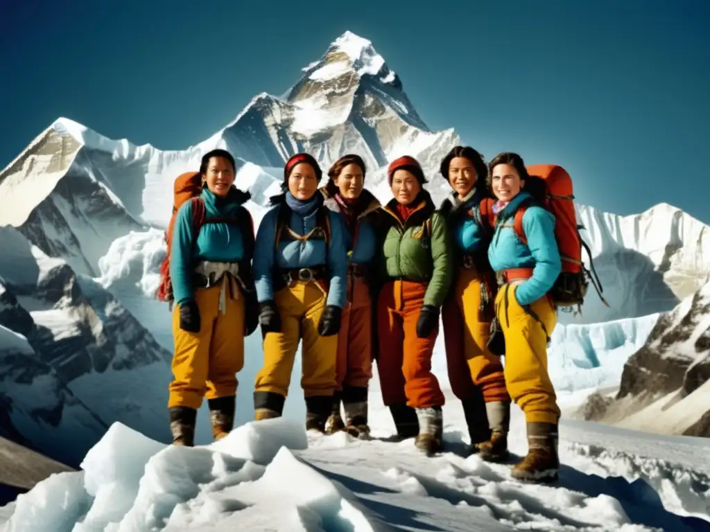 Equipo de mujeres escaladoras triunfantes en el Everest Mujeres en el Everest: Desafiando límites de resistencia humana