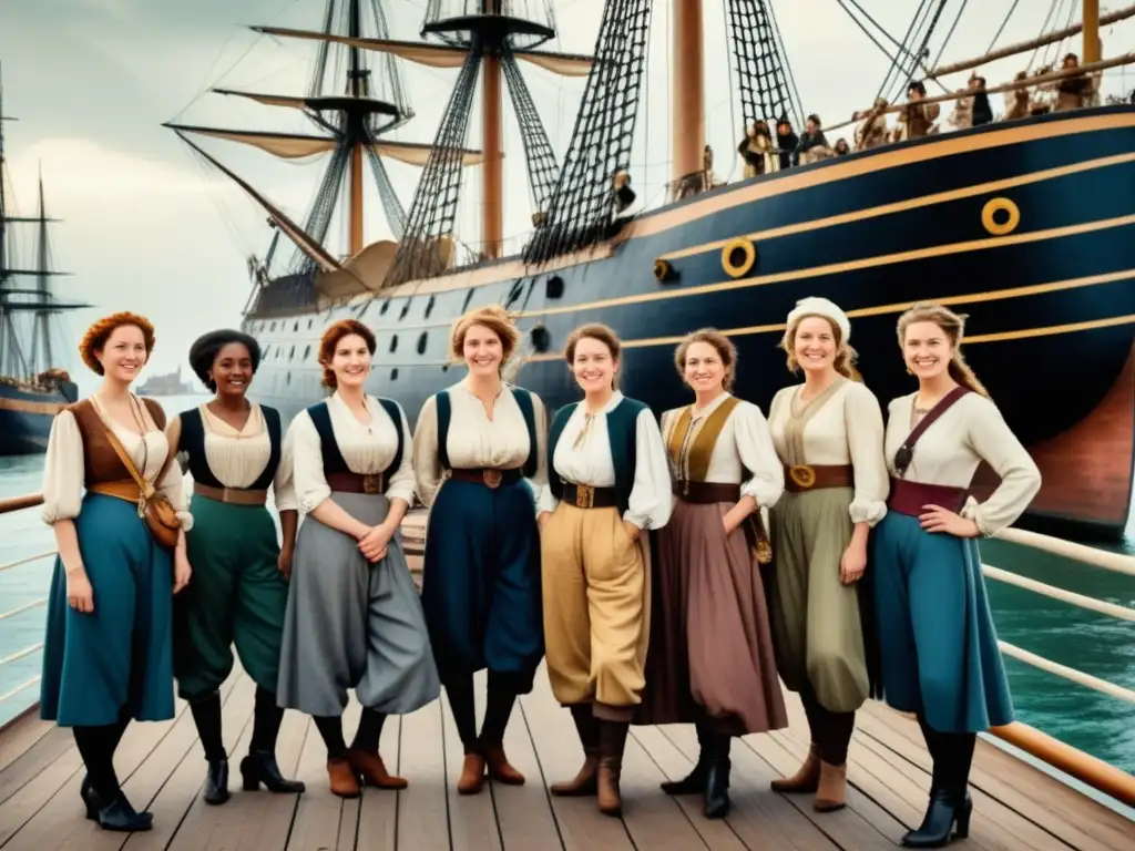 Mujeres exploradoras del Siglo XV y XVI frente a un majestuoso barco en un puerto bullicioso, representando su papel en las expediciones