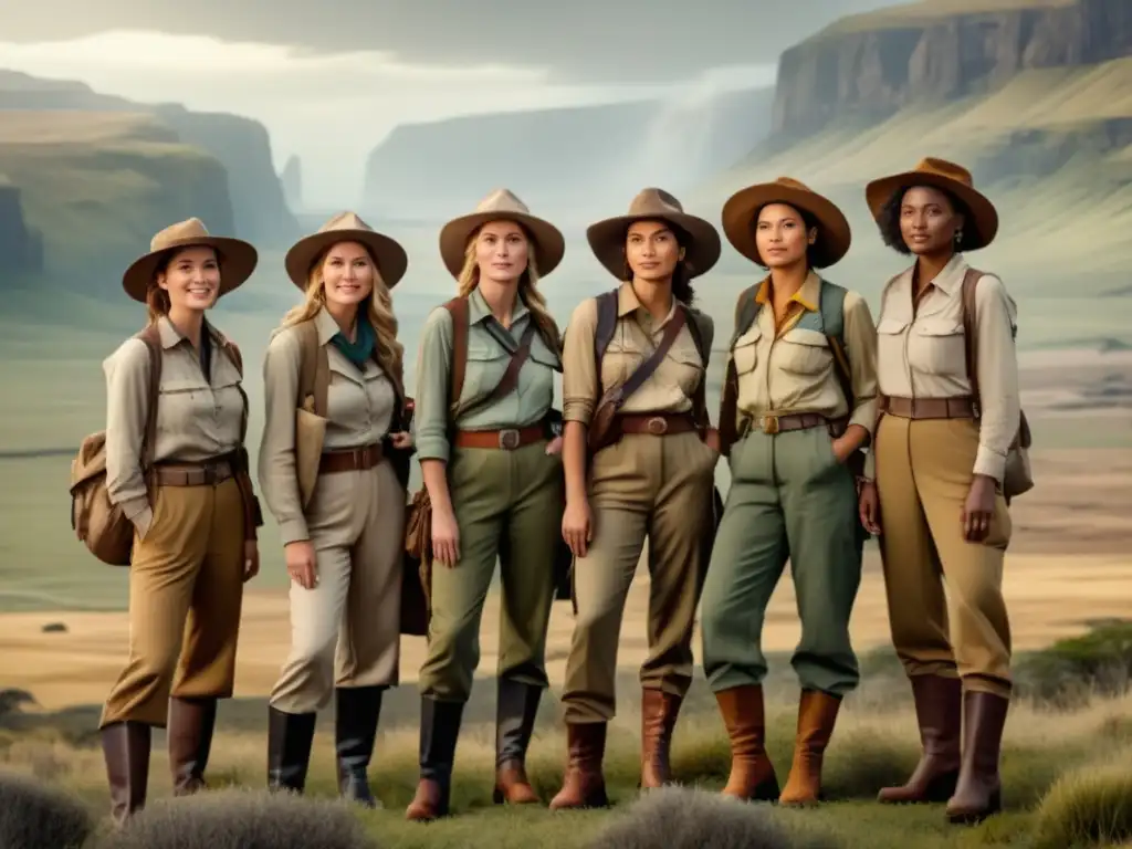 Mujeres exploradoras desafiantes Mujeres exploradoras desafían fronteras en paisaje impresionante