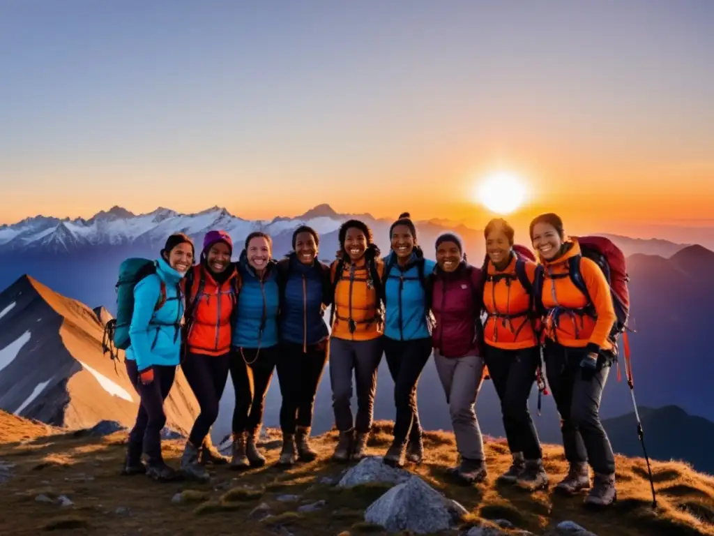 Mujeres triunfantes en la cima de una montaña, representando el poder femenino en las expediciones