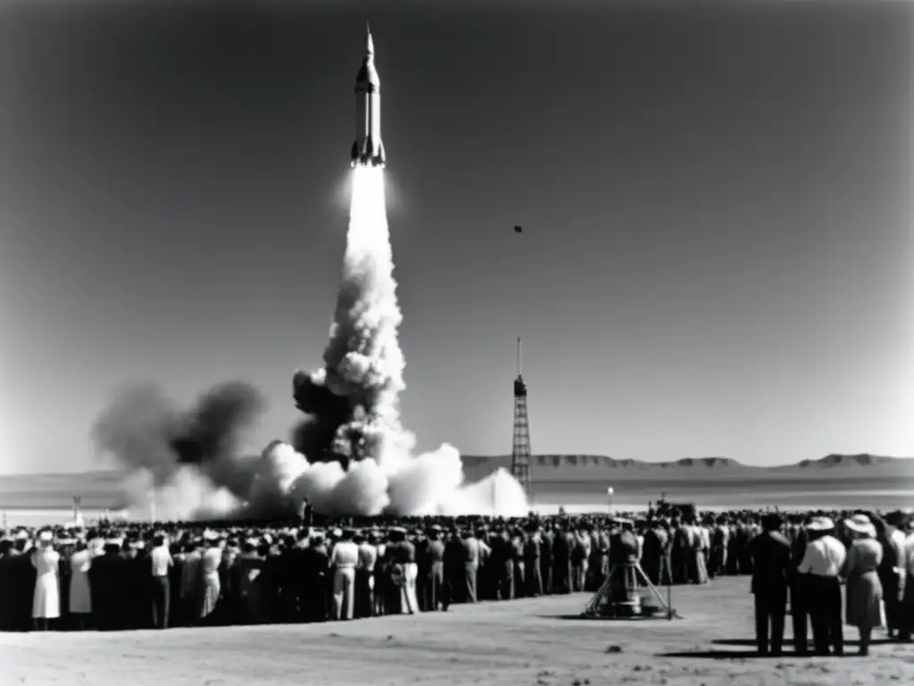 Carrera espacial: Fotografía vintage en blanco y negro de una multitud expectante en un sitio de lanzamiento