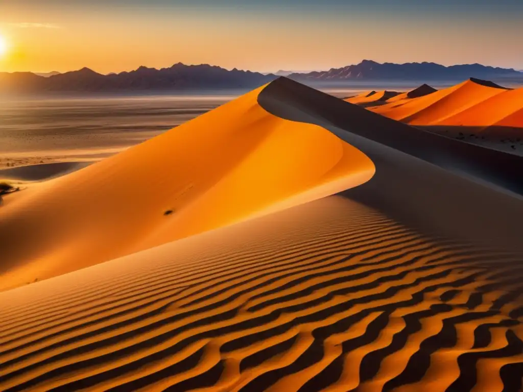 Desierto de Namibia al atardecer, con dunas doradas y cielo púrpura