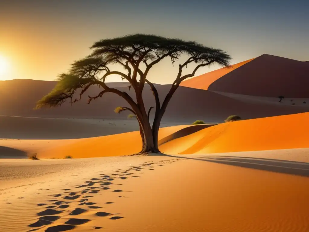 Desierto de Namibia: Paisaje vintage misterioso con dunas rojas y árboles antiguos