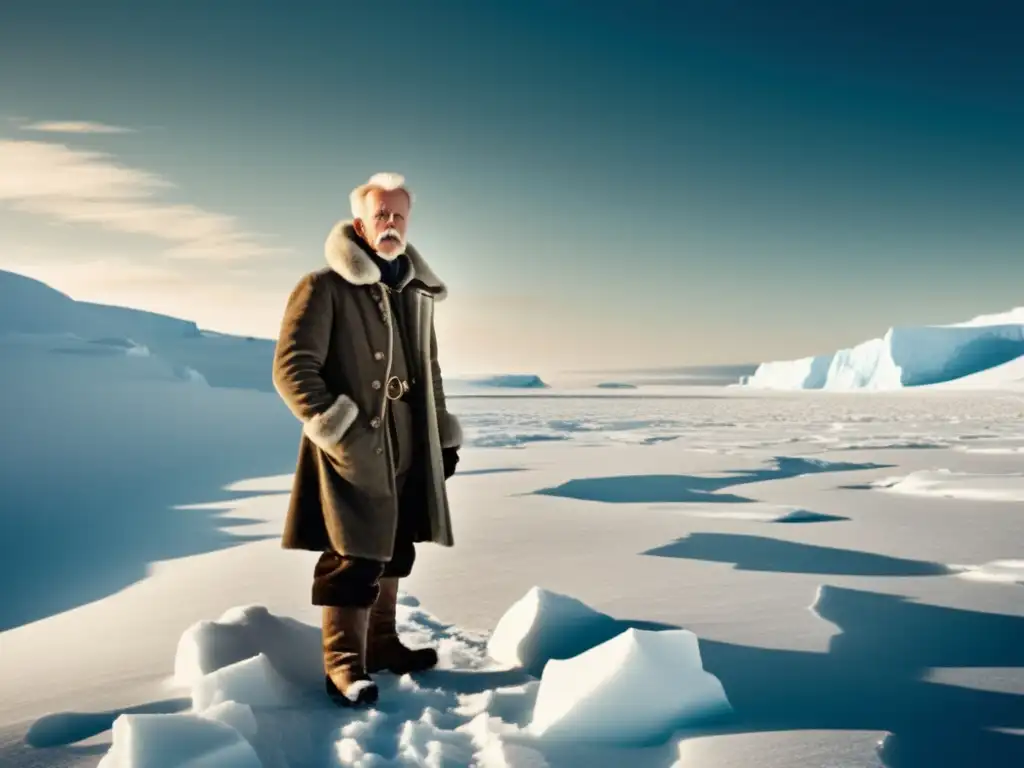 Fridtjof Nansen en paisaje ártico con ropa de expedición y brújula