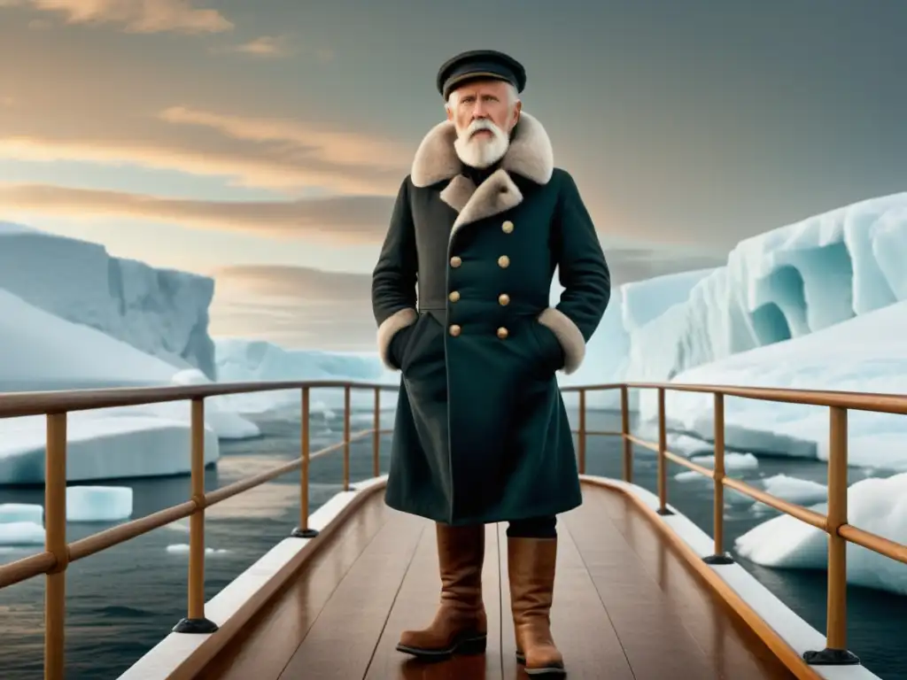 Fridtjof Nansen en su barco, el Fram, en el paisaje ártico helado