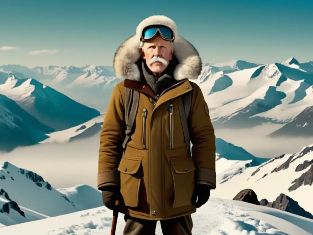 Imagen de Fridtjof Nansen en la cima de una montaña nevada, con paisaje polar y auroras boreales