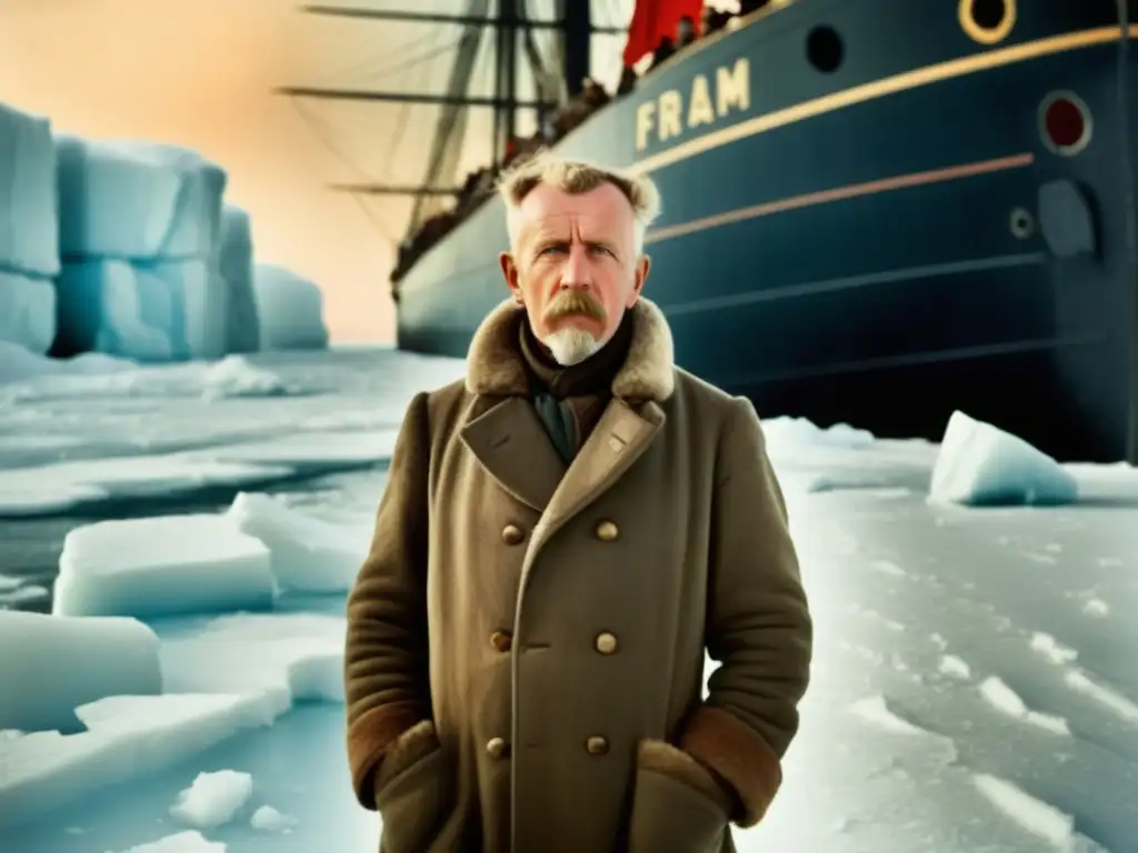 Aventurero polar Fridtjof Nansen en expedición con el barco Fram, rodeado de hielo y nieve