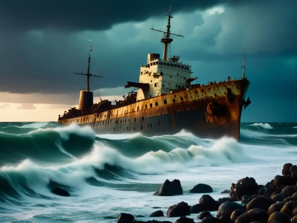 Naufragio del Admiral Nakhimov en un mar tormentoso al atardecer, con nubes oscuras y olas chocando contra rocas afiladas