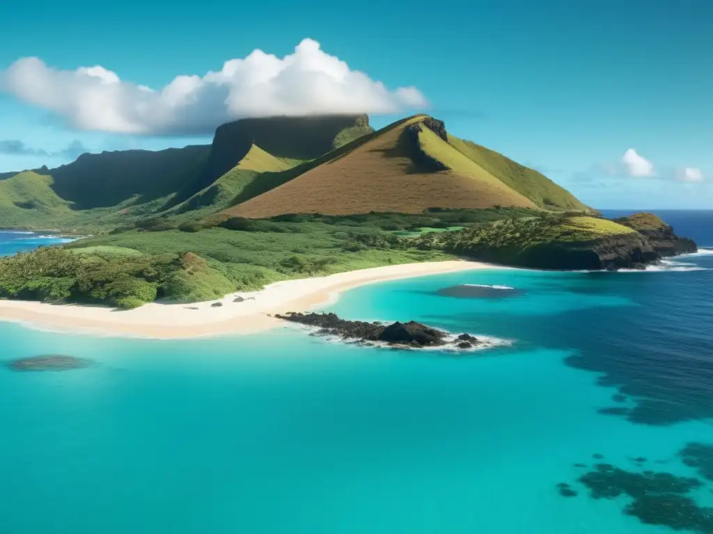 Panorama de la remota Isla Pitcairn, con playas vírgenes, acantilados verdes y el naufragio de la Bounty