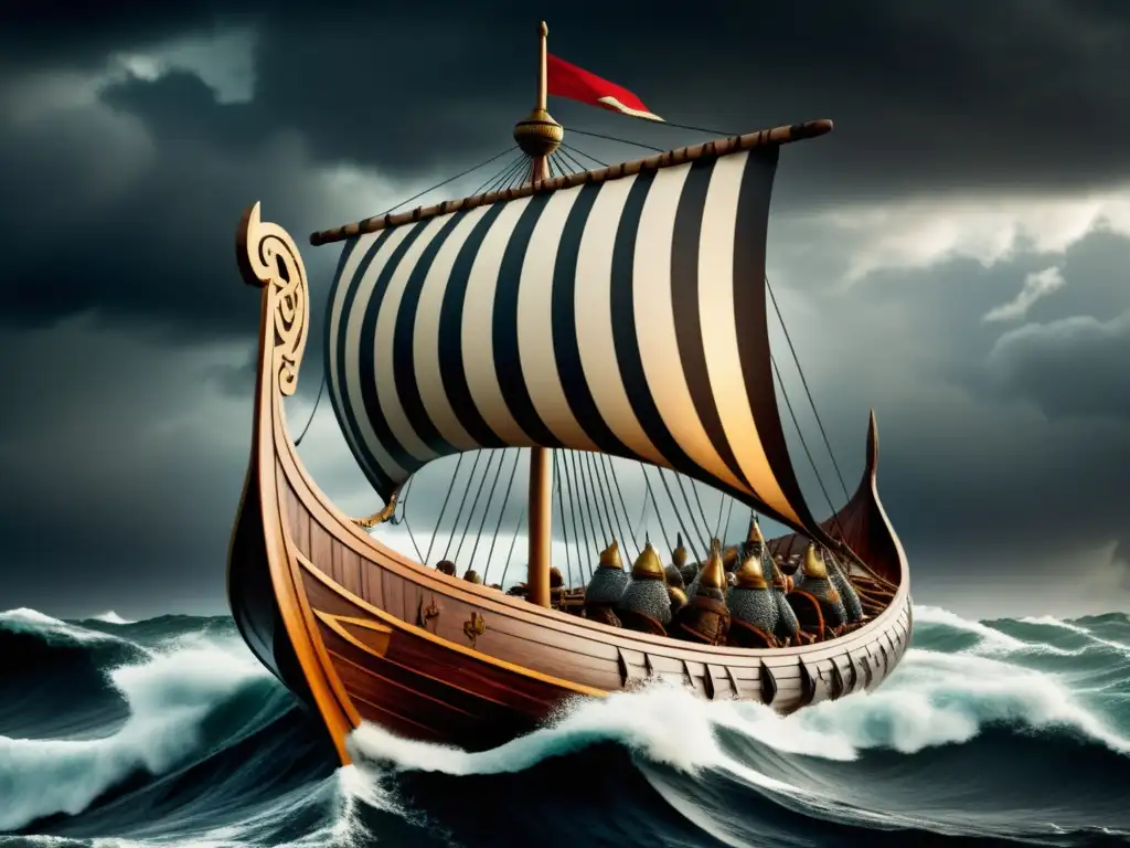 Viking ship sailing through stormy seas: Rutas Vikingas: La Huella de los Navegantes de la Edad Media