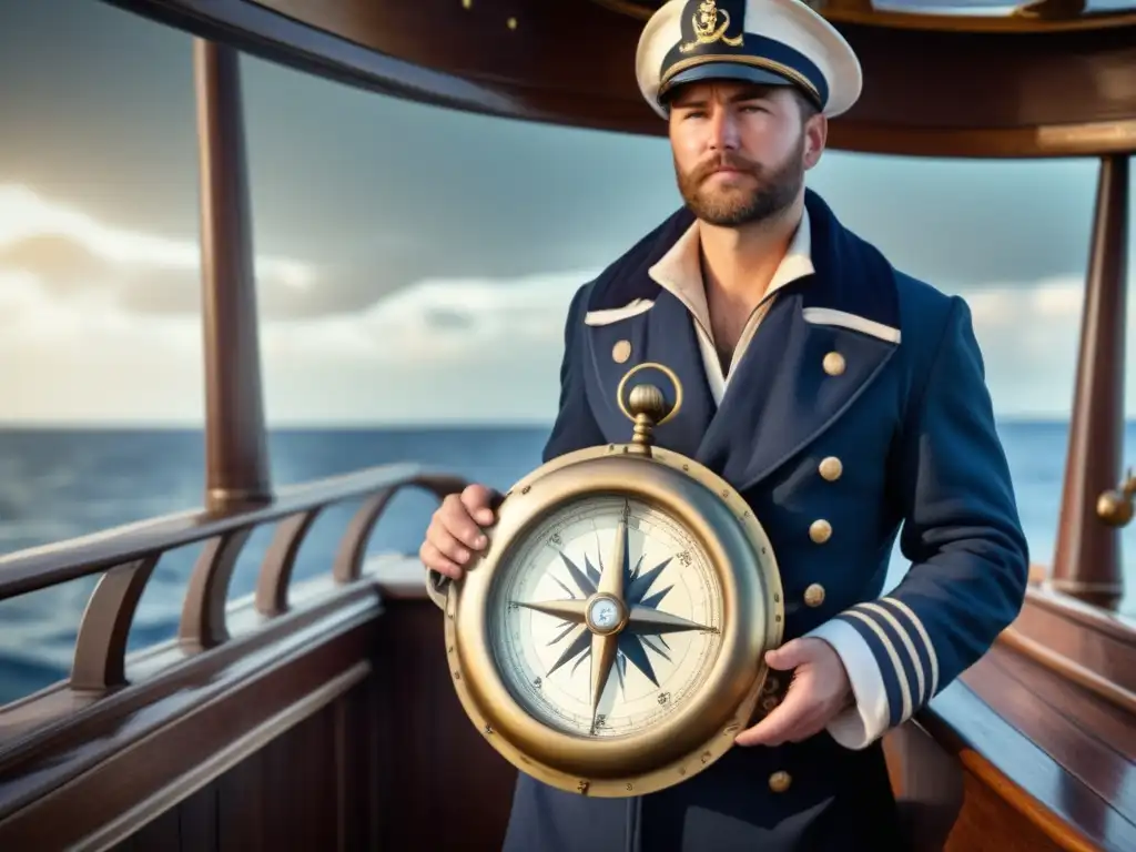 Marinero junto a una brújula antigua en un barco, capturando la evolución de la tecnología de navegación