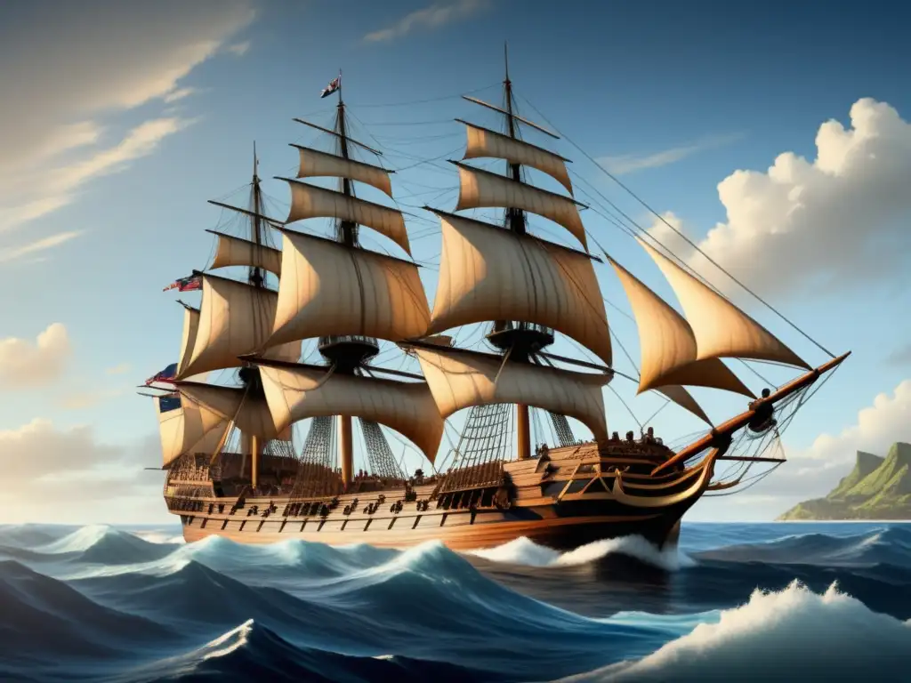 Descubre secretos del Pacífico: imagen del barco HMS Endeavour de James Cook navegando en aguas azules con islas misteriosas