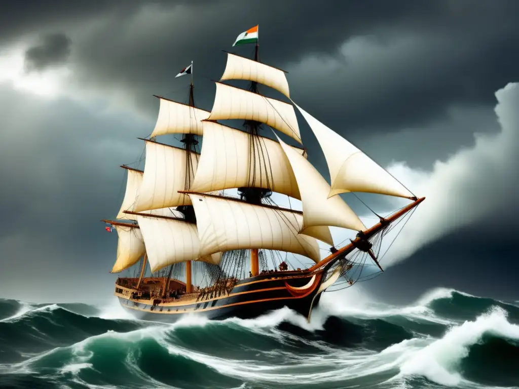 Ruta hacia la India: Majestuoso barco navegando en aguas peligrosas del Cabo de Buena Esperanza, rodeado de olas turbulentas y cielos tormentosos