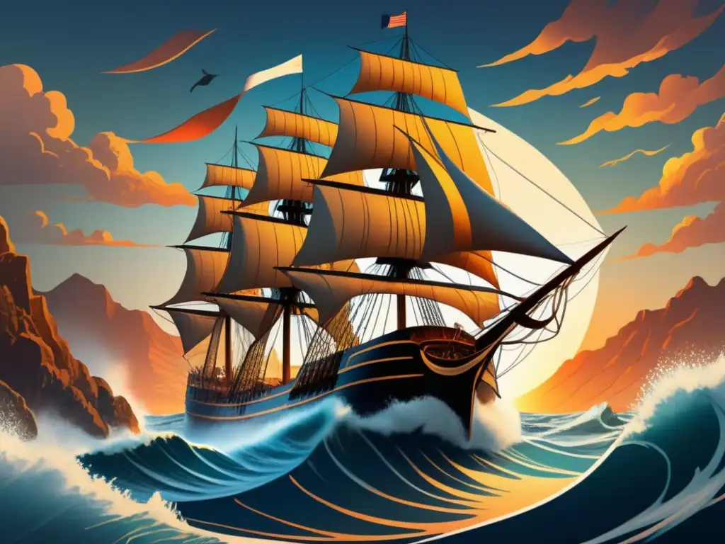 Ilustración vintage de un barco navegando hacia la costa de California