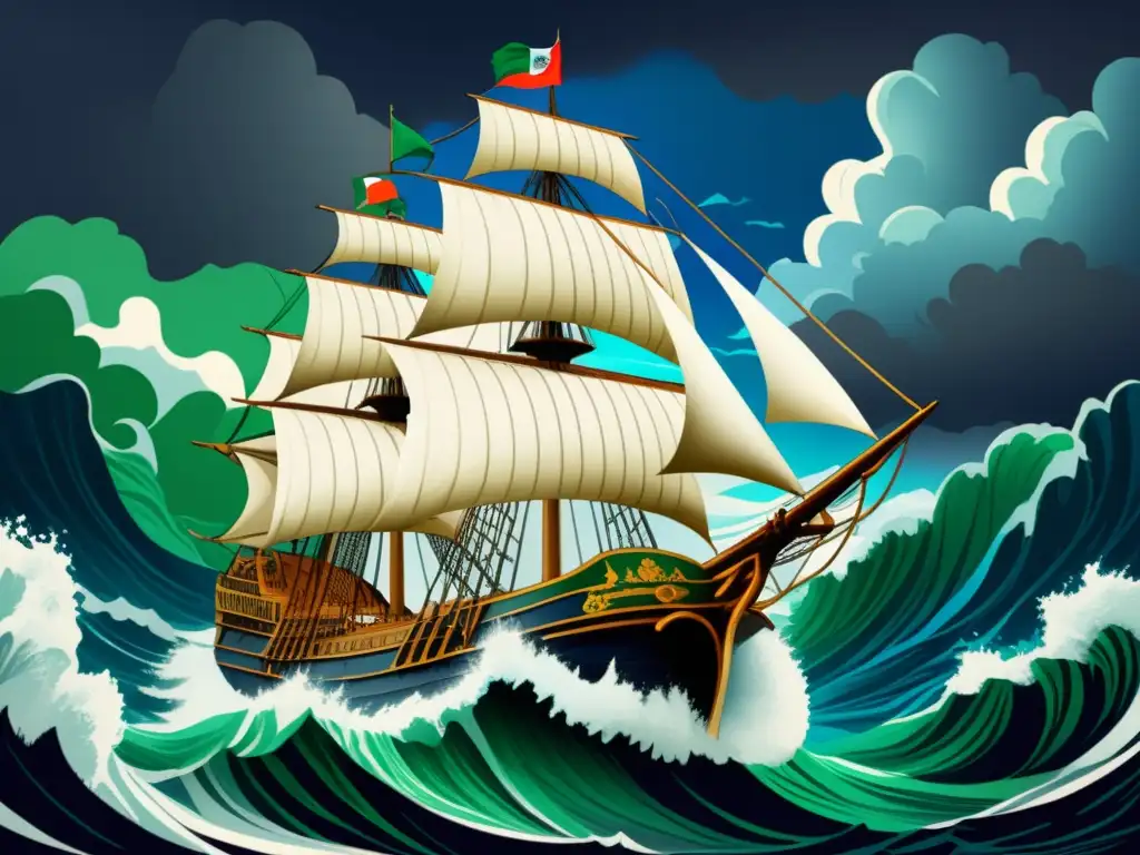 Ilustración vintage de un majestuoso barco navegando hacia el Este en aguas peligrosas, con bandera portuguesa