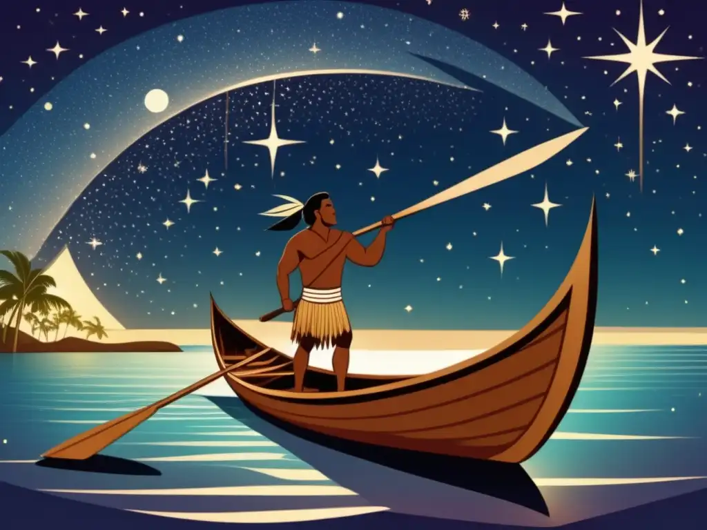 Navegador Polinesio en canoa tradicional, observando estrellas y navegando por el vasto océano Pacífico