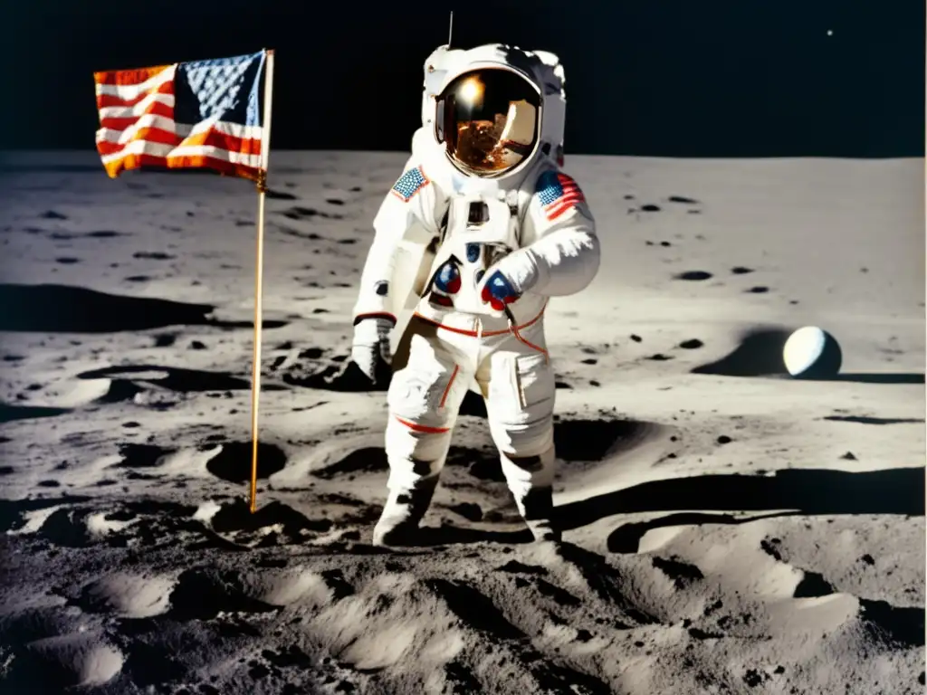 Neil Armstrong en la luna con la bandera estadounidense